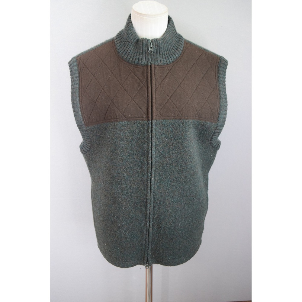 Woolrich Wool Vest Medium Loden Green Quilted Yoke Full Zip Mock Neck Mens
